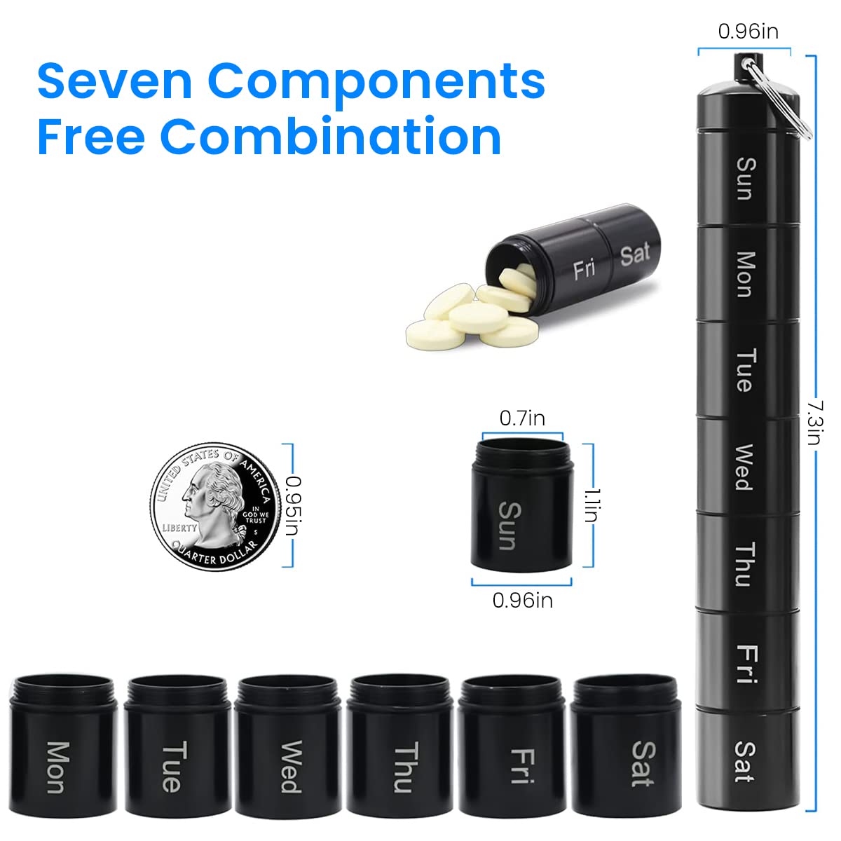 HANNEA Metal Pill Box Organizer, 7 Days Pill Organizer, Waterproof Emergency Keychain Pill Holder Medicine Case, Travel Friendly Day Night Vitamin Organizer, Weekly AM PM Pill Case Container