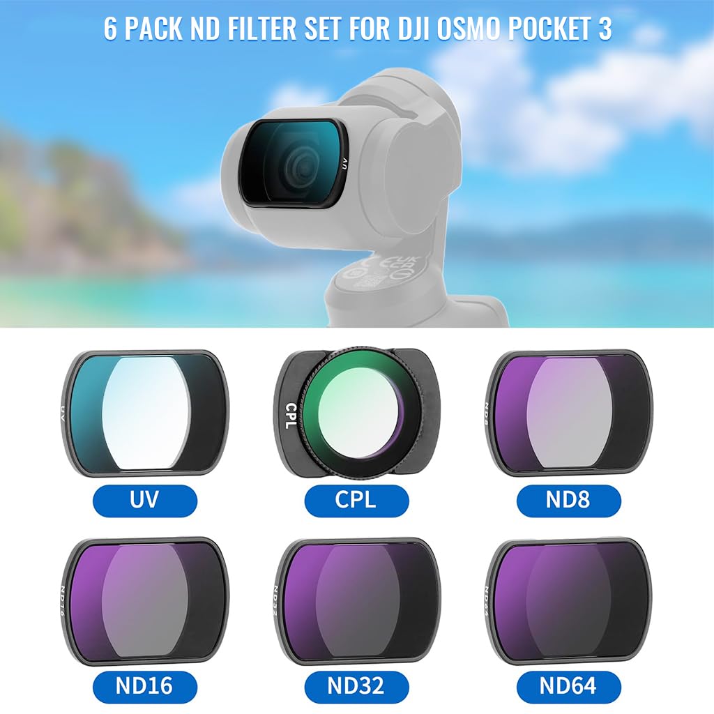 ZORBES 6Pcs Magnetic Polarized Camera Lens for DJI Pocket 3, ND8, ND16, ND32, ND64, UV, CPL Polarized Camera Lens Glare Reduction for Polarized Camera Lens for Photography and Videography