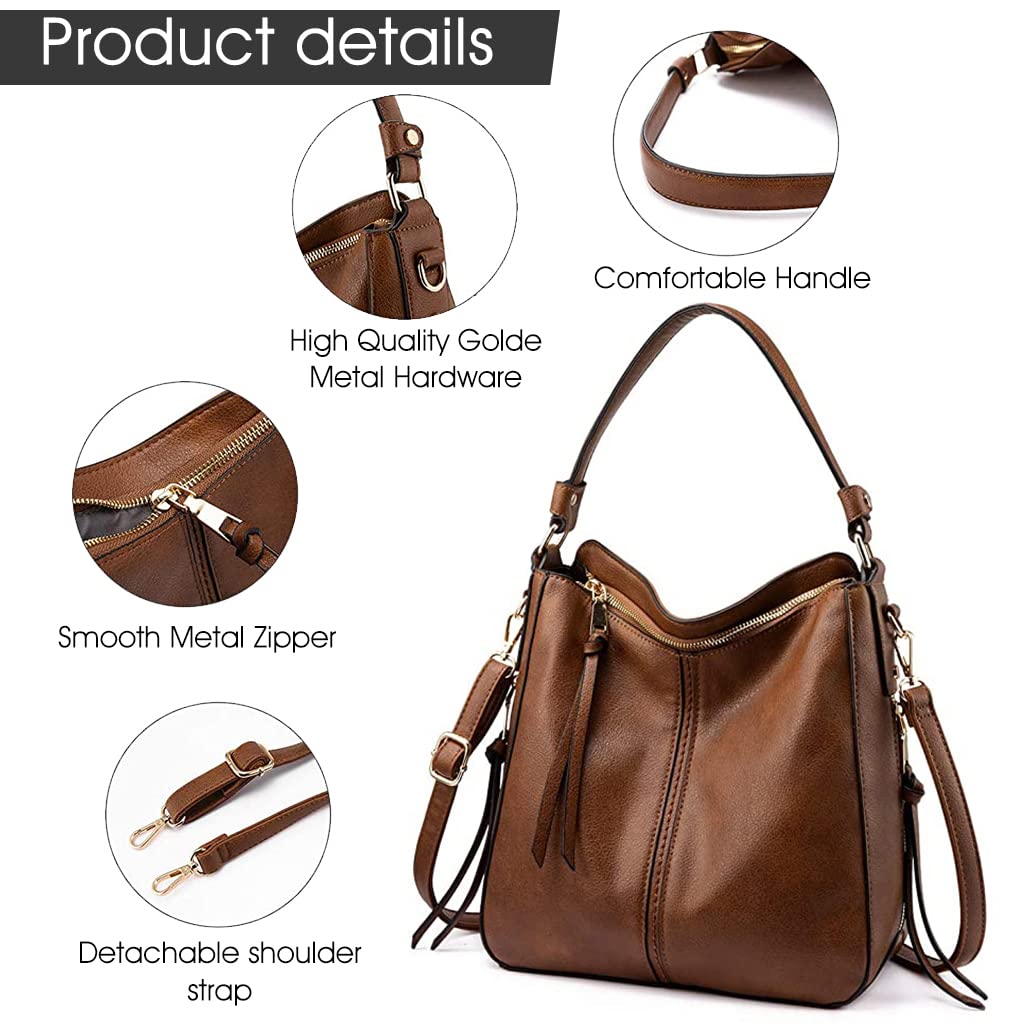 ZIBUYU Tote Handbag for Women Fashion Faux Leather Tote Bag Classic Shoulder Crossbody Bags for Lady Girl Solid Color Brown