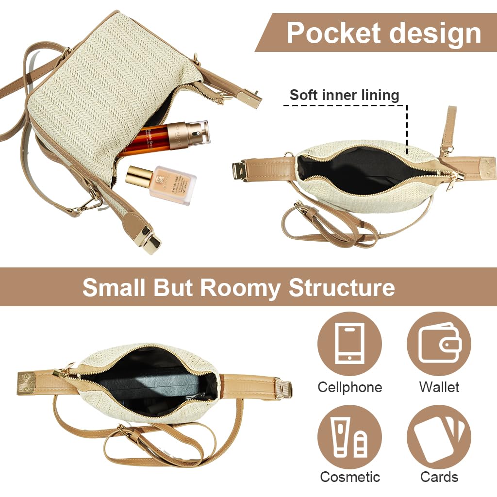 ZIBUYU Straw Bags for Women Beach Stylish Sling Shoulder Bag for Girls and Women Detachable Shoulder Belt Woven Straw Crossbody Bag Golden Hardware Buckle Design Handbag Bag - Beige