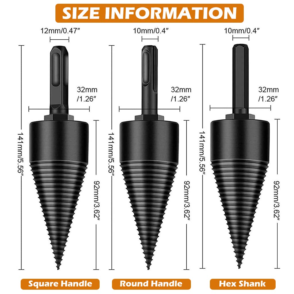 HASTHIP 32mm Wood Splitter Firewood Drill-Bit Set with 3pcs Drill Bit Adapter (Hex+Square+Round), Removable Firewood Log Splitter Drill Bit, Heavy Duty Wood Splitter Drill Bits