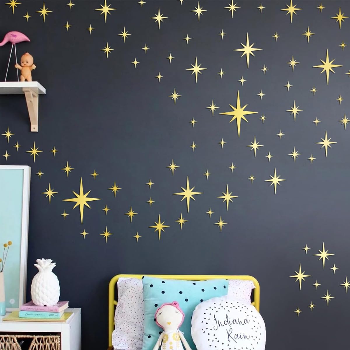 HASTHIP Golden Twinkle Stars Wall Stickers Multi Sizes Mirroring Acrylic Self Adheisve Stars Wall Stickers Background Decor Kids Room Wall Decor Home Decor