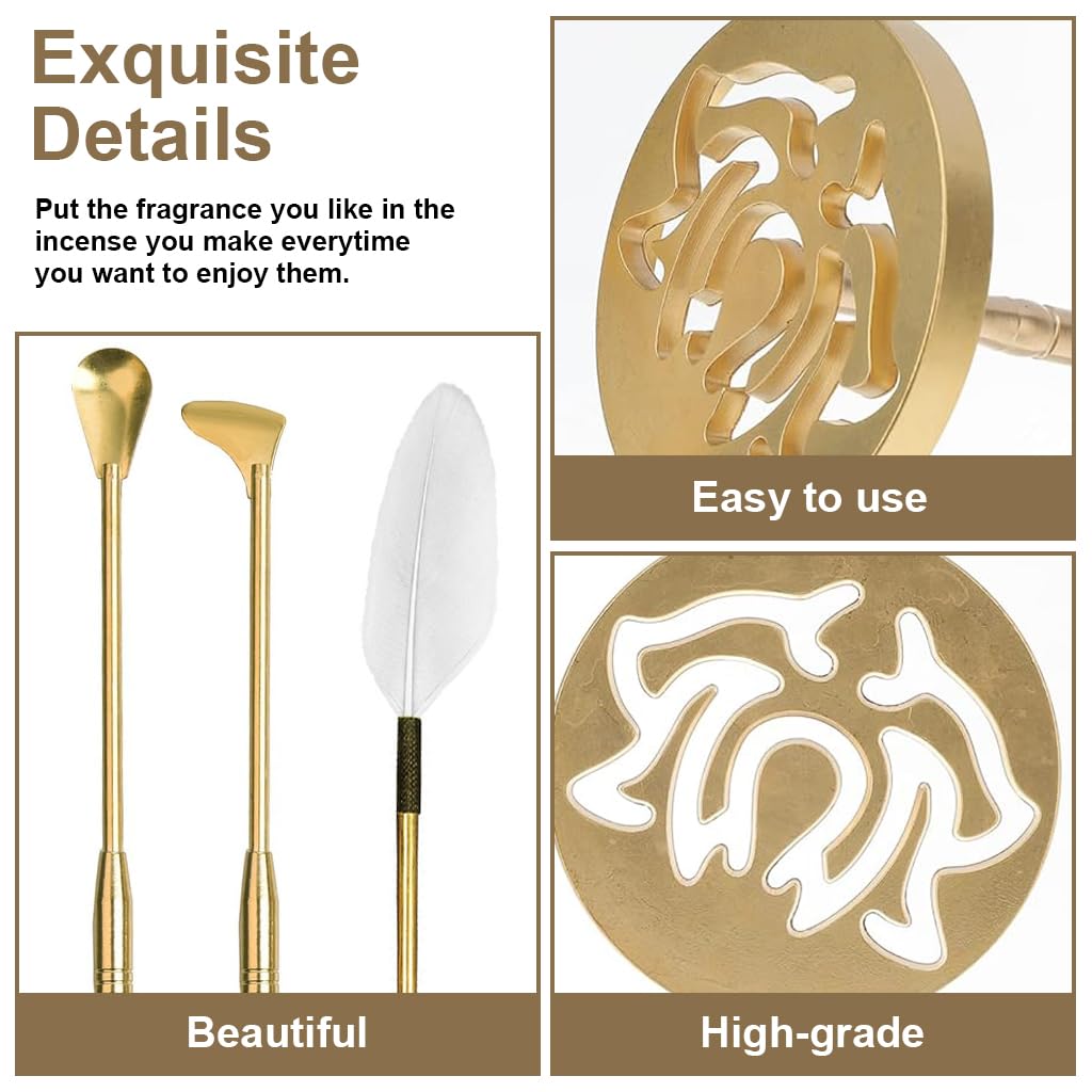HASTHIP 5Pcs Brass Incense Making Kit - Brass Incense Mold Tool Set, Incense Ash Powder Press Seal DIY Incense Spoon, Incense Press, Incense Shovel, Incense Brush for Home Fragrance Accessory
