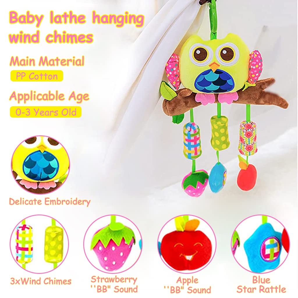 PATPAT Hanging Toys for Babies 0-6 Months, Rattle Crinkle Squeaky Toy Car Seat Plush Stroller Toy with Teethers Plush Animal C-Clip Ring for Infant Babies Boys and Girls 3 6 9 to 12 Months -Owl