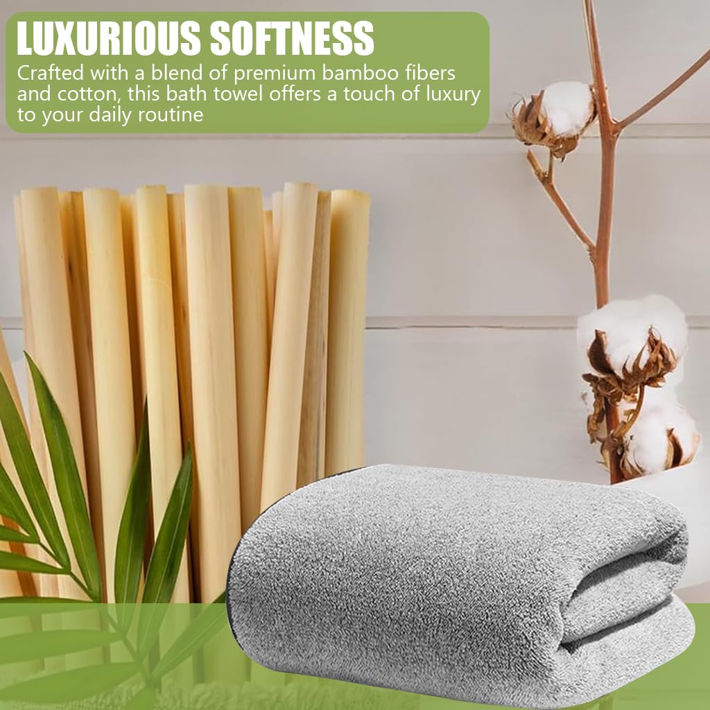 HASTHIP Bamboo Bath Towel, Super Absorbent, Large Cotton Antibacterial Bath Towels (55x27 Inches, Grey)