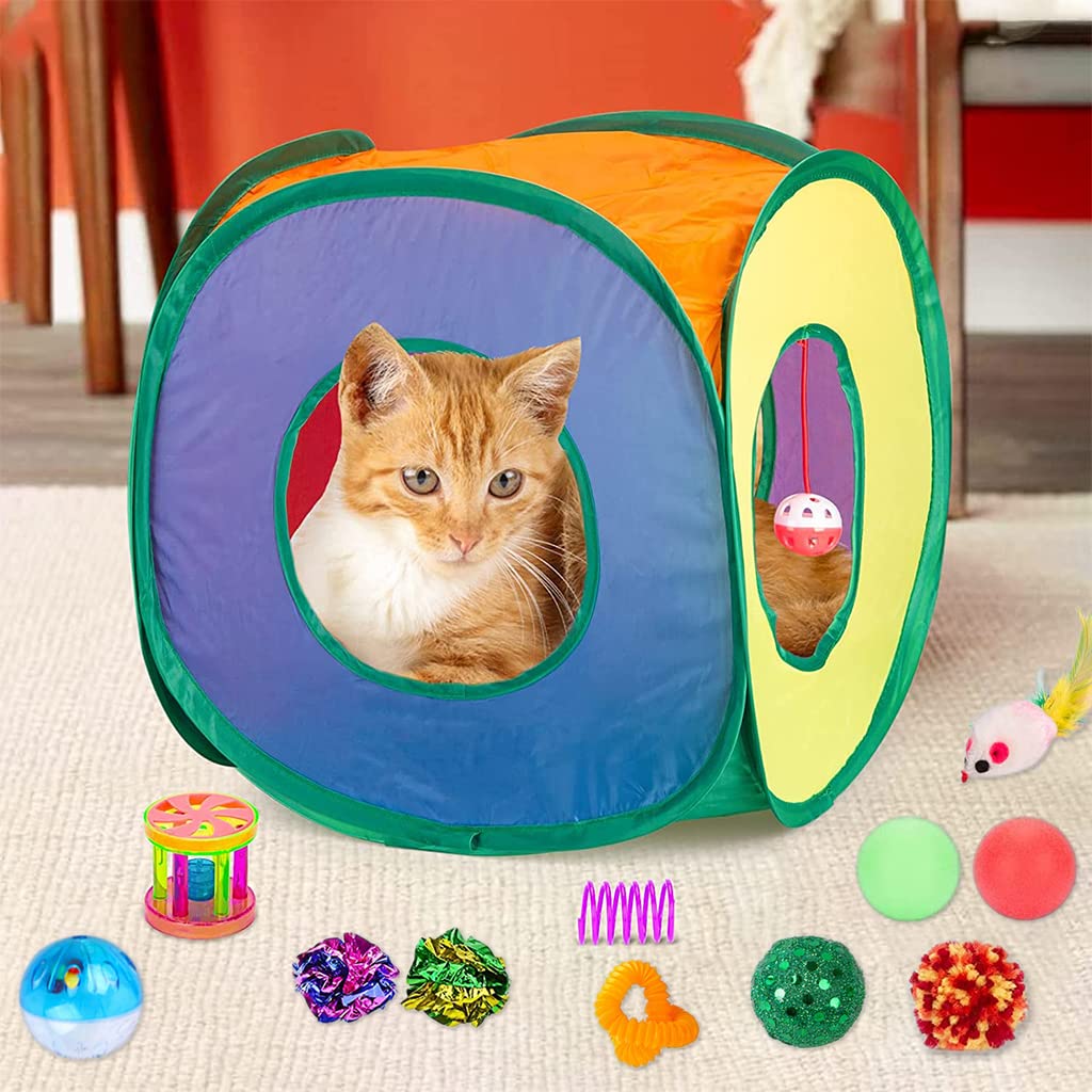 Qpets 20 PCS Toys for Cats Set, Collapsible Cat Tunnels for Indoor Cats, Family Set Cat Teaser Toy Cat Feather Toy Fluffy Mouse Crinkle Balls Cat Toys for Cat Puppy Kitty Rabbit