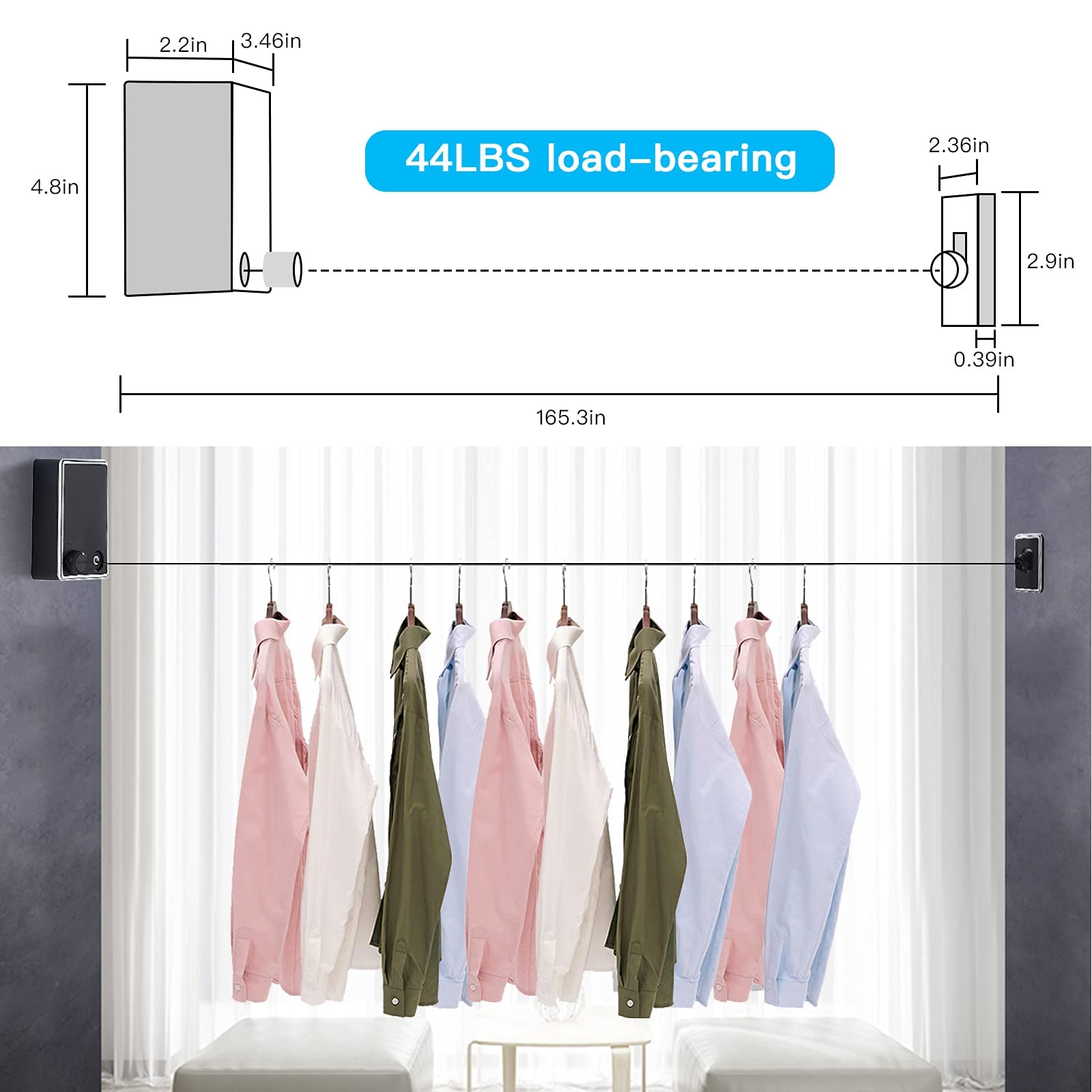 HASTHIP Retractable Clothesline, ABS Shell, Adjustable 4.2m/13.7ft Stainless Steel 304 Hanging Clothesline, Withstands Up to 44 Pounds of Weight, Space Saving for Home, Office, Hotel, Indoor