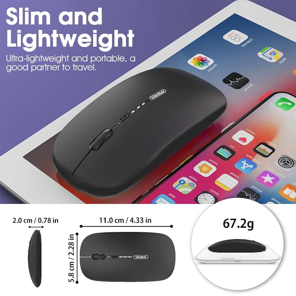 Verilux Wireless Mouse Rechargeable, Upgraded Ultra Slim 2.4G Silent Cordless Mouse Computer Mice 1600 DPI with USB Receiver for Laptop PC Mac MacBook, Windows (Black+Battery Level Visible)
