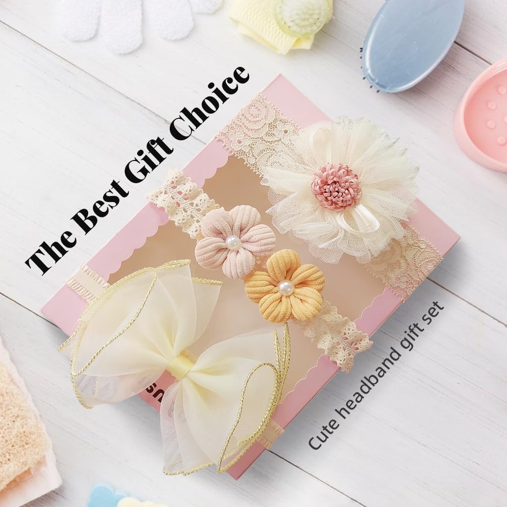 PALAY 3pcs Bow Hairband for Baby Girl, Lace Flower Headband for Baby Girl, Cute Elastic Newborn Hairband Hair Accessories for Baby Girl Toddlers Gifts