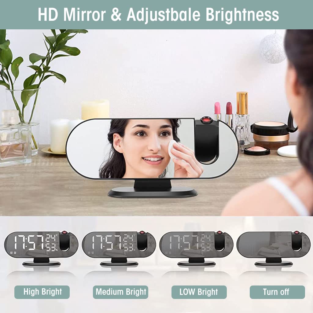 HASTHIP Projection Alarm Clock, 8.2 inch LED Mirror Digital Alarm Clock with USB Port, 180° Rotable Projector, FM Radio, Temperature & Humidity Display, 12/24H, Dual Alarm, Snooze, 3 Dimmer (Black)
