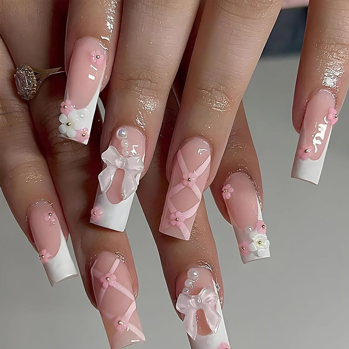 MAYCREATE 24Pcs Press on Nails Medium Long Fake Nails Pink Acrylic French Nails with Designs Glossy 3D Flower Pearl Full Cover False Nail Tips Artificial Nails for Woman Nail Art