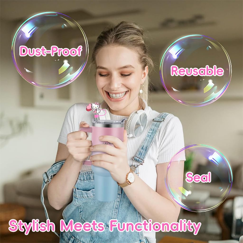 HASTHIP 6PCS Cartoon Straw Covers Cap for Tumblers Cup, 10mm Cartoon Pink Hello Kitty Straw Topper, Reusable Dust-Proof Drinking Straw Toppers for 10mm Straws
