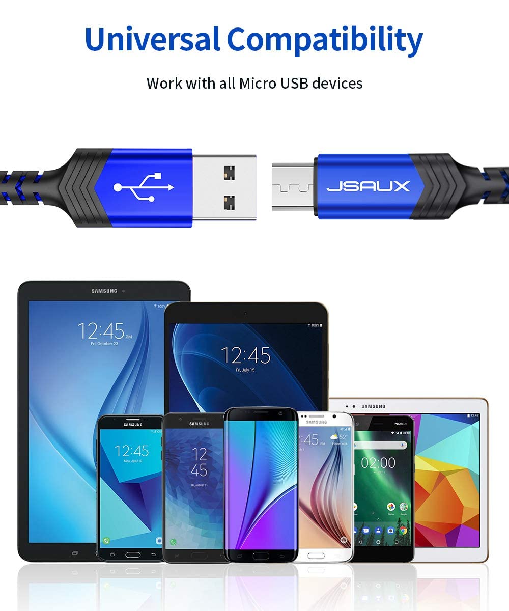 JSAUX Micro USB Cable Android Charger, (2-Pack 6.6FT) Micro USB Android Charger Cable Nylon Braided Cord Compatible with Galaxy S7 S6 J7 Edge Note 5, Kindle. MP3