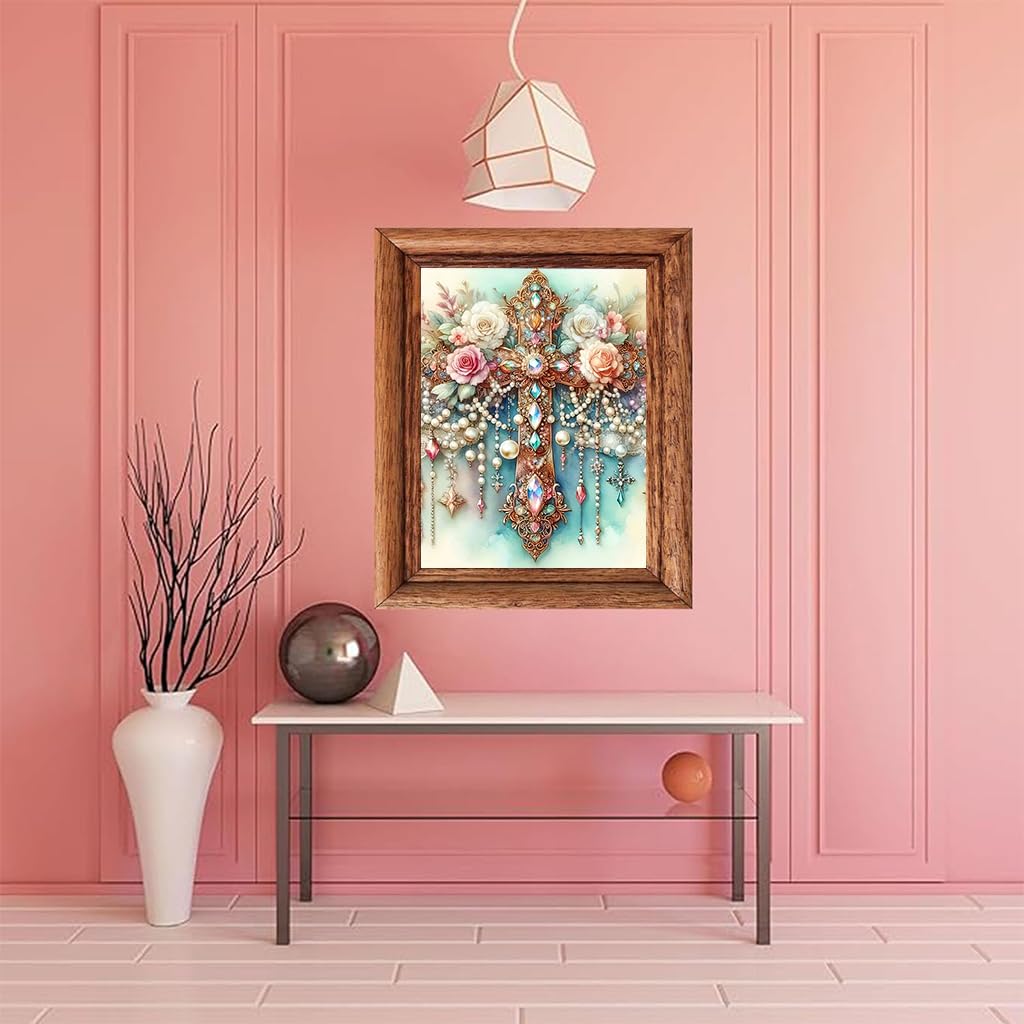 HASTHIP DIY 5D Diamond Art Painting Kit, Floral Rose Cross Art Crafts Kit for Adults Sparkling Full Diamond Art Painting Kit 5D Diamond Wall Decor Gift, 30x40 cm