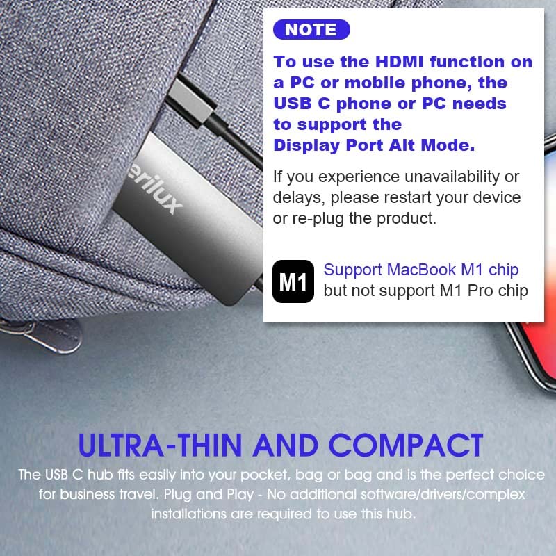 Verilux USB C Hub, 5 in 1 Portable Aluminum USB Hub Type C Hub with 4K HDMI Output, USB 3.0 Ports,USB C 100W PD, Compatible with,MacBook Pro/Air/ipad Pro 2018. More USB C Devices