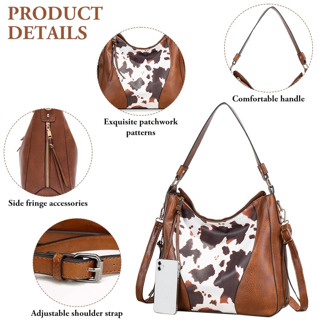 PALAY Fashion Shoulder Bag Tote Bag Women Crossbody Bag Hand Bag Vintage Spot Print Patch Tote Bag Brown Soft PU Leather Shoulder Bag Large Casual Bag Day Bag Travel Shoulder Bag, 31x13x29cm