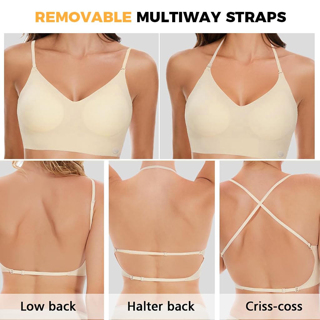 PALAY Women's Low Back Seamless Bras Backless Multiway Convertible Adjustable Strap Halter Lifting Bra Spaghetti Strap Wire-Free with Padded Removeable, Beige, L