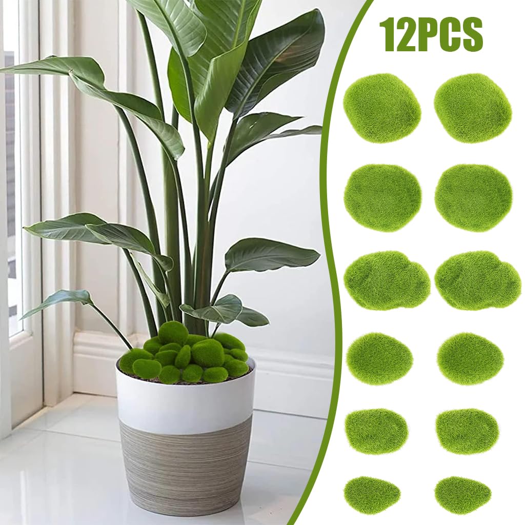 HASTHIP 12pcs Small Artificial Moss Cobblestones Assorted Shaped Decorative Green Moss Covered Stones for Plant Pots