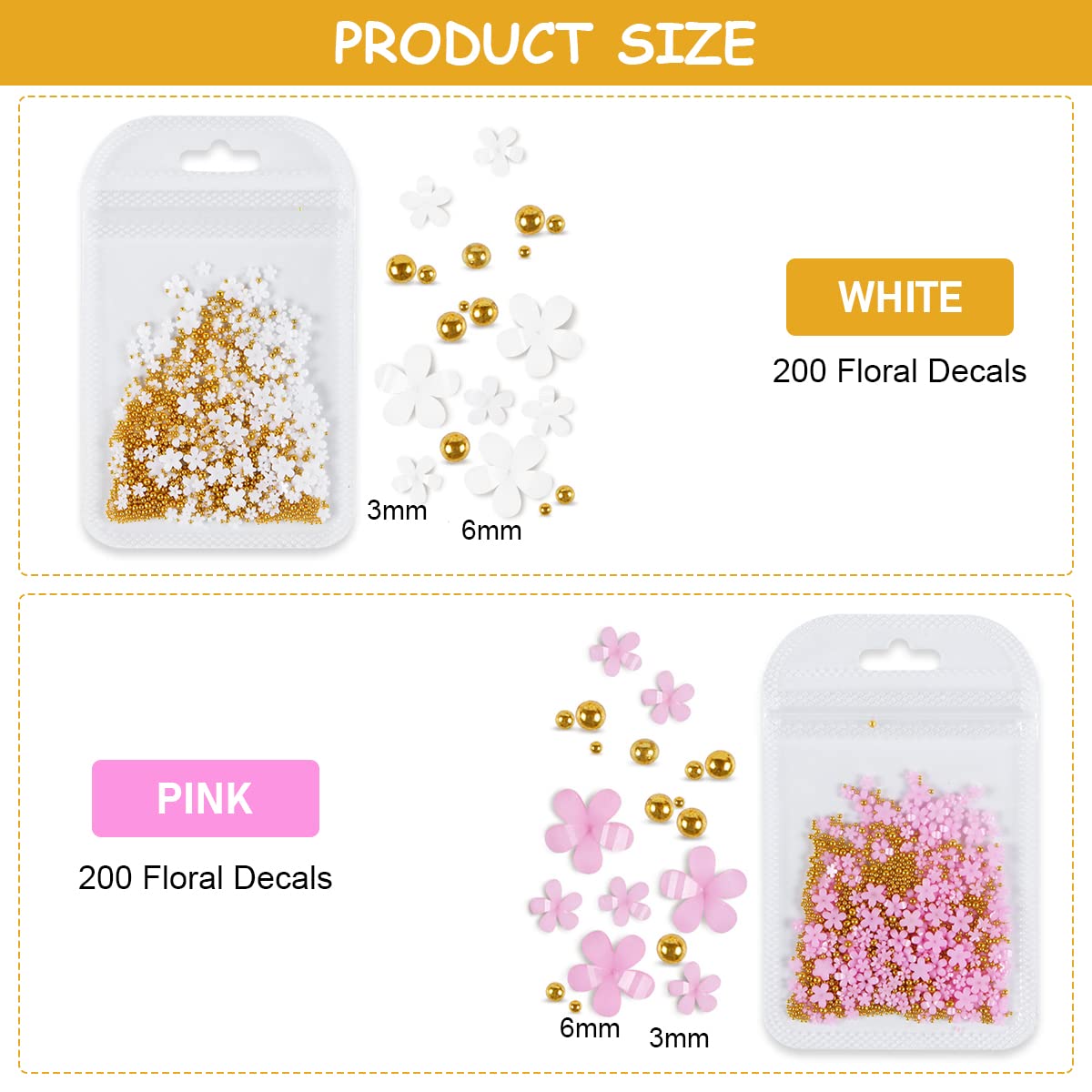 HASTHIP 3 D Flower Acrylic Decals for Nail Charms Art,DIY Manicure Salon Accessories for Women & Girls, 400 Pcs Resin Flower Decals with Golden Beads