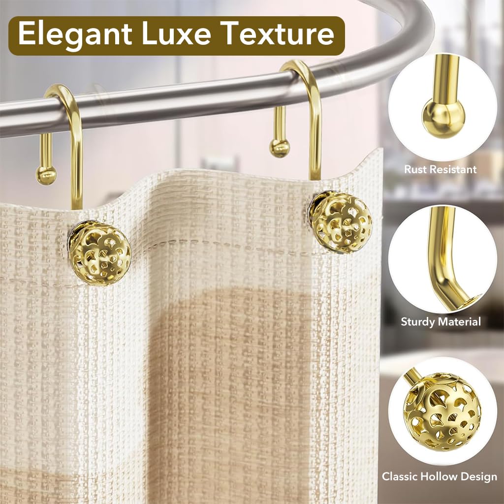 HASTHIP 12Pcs Bathroom Shower Curtain Hooks Modern Golden Hollow Out Ball Shower Curtain Hooks for Home Decor Open Hanging Shower Curtain Hooks Universal Bathroom Shower Curtain Hooks