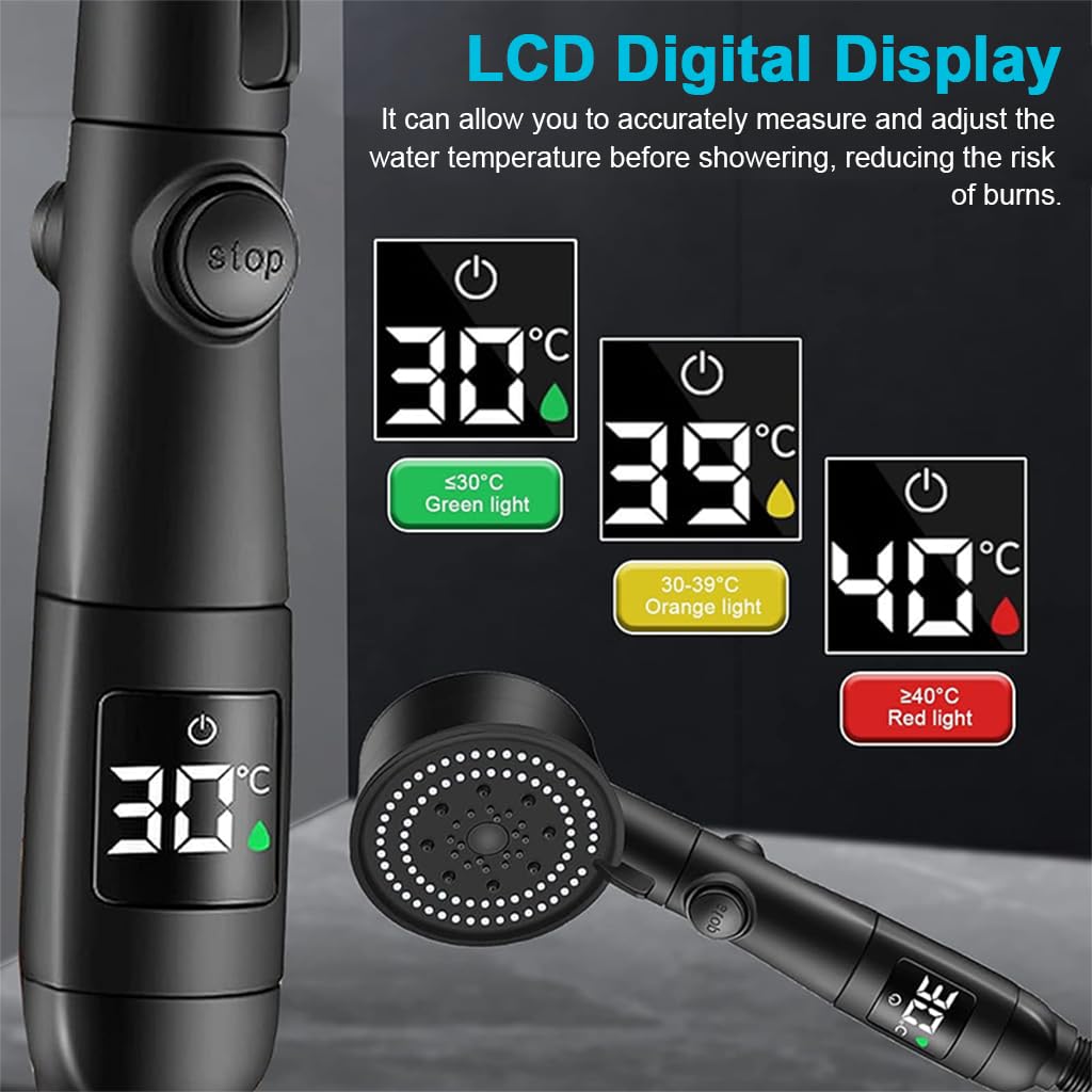 HASTHIP Shower Head with Temperature LCD Display, Multi-Functional Shower Head for Bathroom with 5 Modes, High Pressure Shower Head With Handheld On Off Switch, Handheld Shower Head with 1.5m Hose