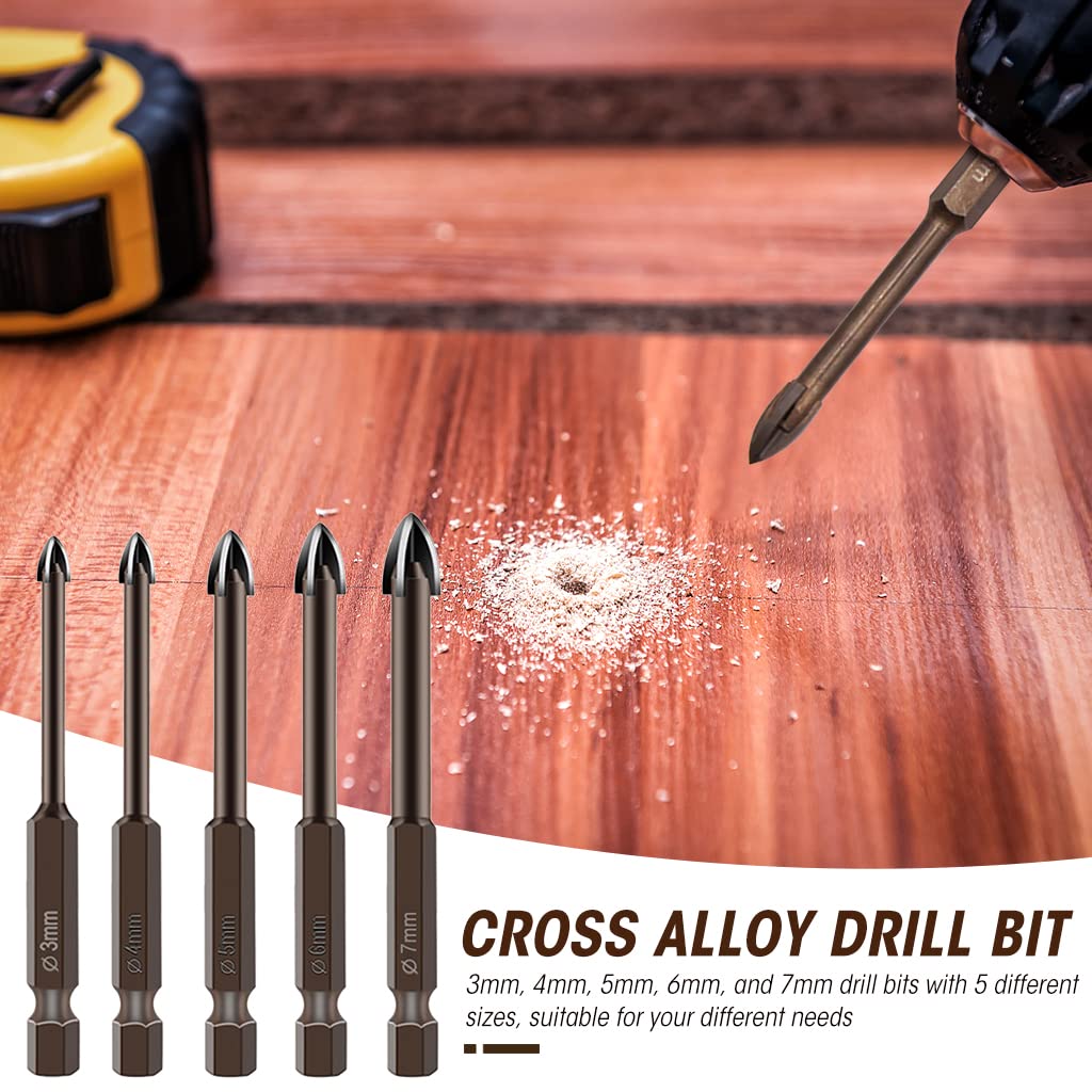 HASTHIP 5Pcs Glass Tile Concrete Drill Bit Set, Multi-Function Triangle Cross Alloy Drill Bit Tip Tools, Hex Shank Tungsten Carbide Tip Drilling Tools for Glass, Ceramic Tile Wall, and Wood (3-7 mm)