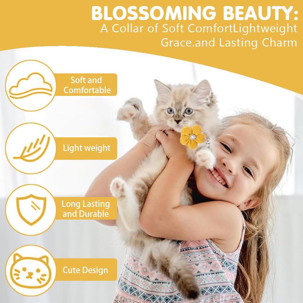 Qpets Yellow Cat Collar, Flower Cat Collar with Handcrafted Crochet - Quick Release Buckle, Plush for Comfort, Silver Bell Accessory