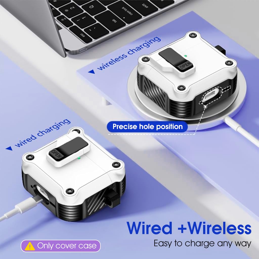 ZORBES Skin Cover for AirPods 4th Gen Charging Case, TPU Anti-Scratch Case Cover with Safety Lock & Carabiner Fashion White Earbud Charging Case Cover, No Earbuds and Charging Case Included