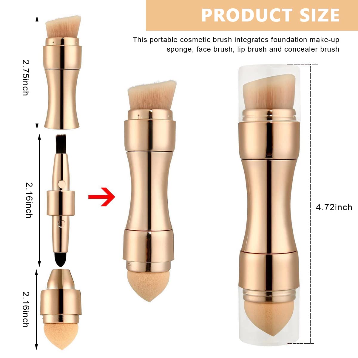 MAYCREATE Makeup Brush Set, Travel 4 in 1 Brush Sets in Makeup, Portable Mini Cosmetic Make Up Brushes Kit Includes Foundation Brush, Face Brush, Lip Brush & Concealer Brush Gold