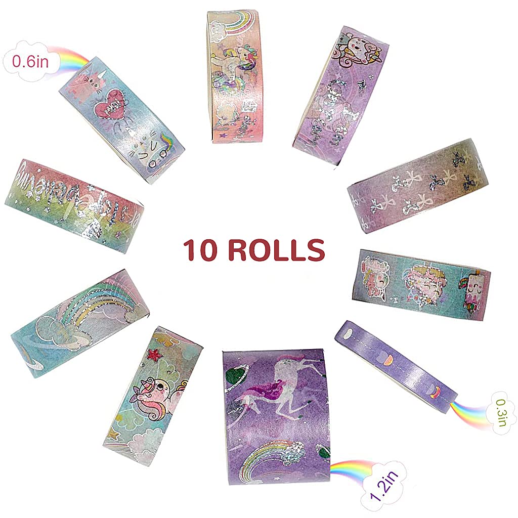 HASTHIP 10 Rolls Unicorn Washi Tape Glitter Unicorn Pattern Washi Tape Decorative Adhesive Tape for DIY ,Beautify Bullet Journals,Planners