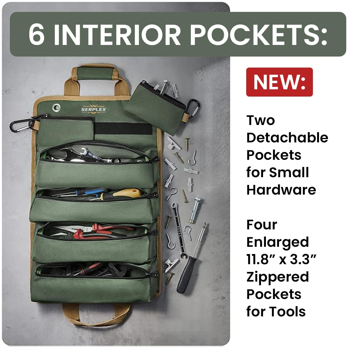 Serplex Tools Bag Portable Roll Up Tool Bag with Handle & Shoulder Strap Multi Compartment Tools Bag with Detachable Zipper Pouch, Multi-Purpose Tool Organizer for Technicians, Mechanics(No Tools)