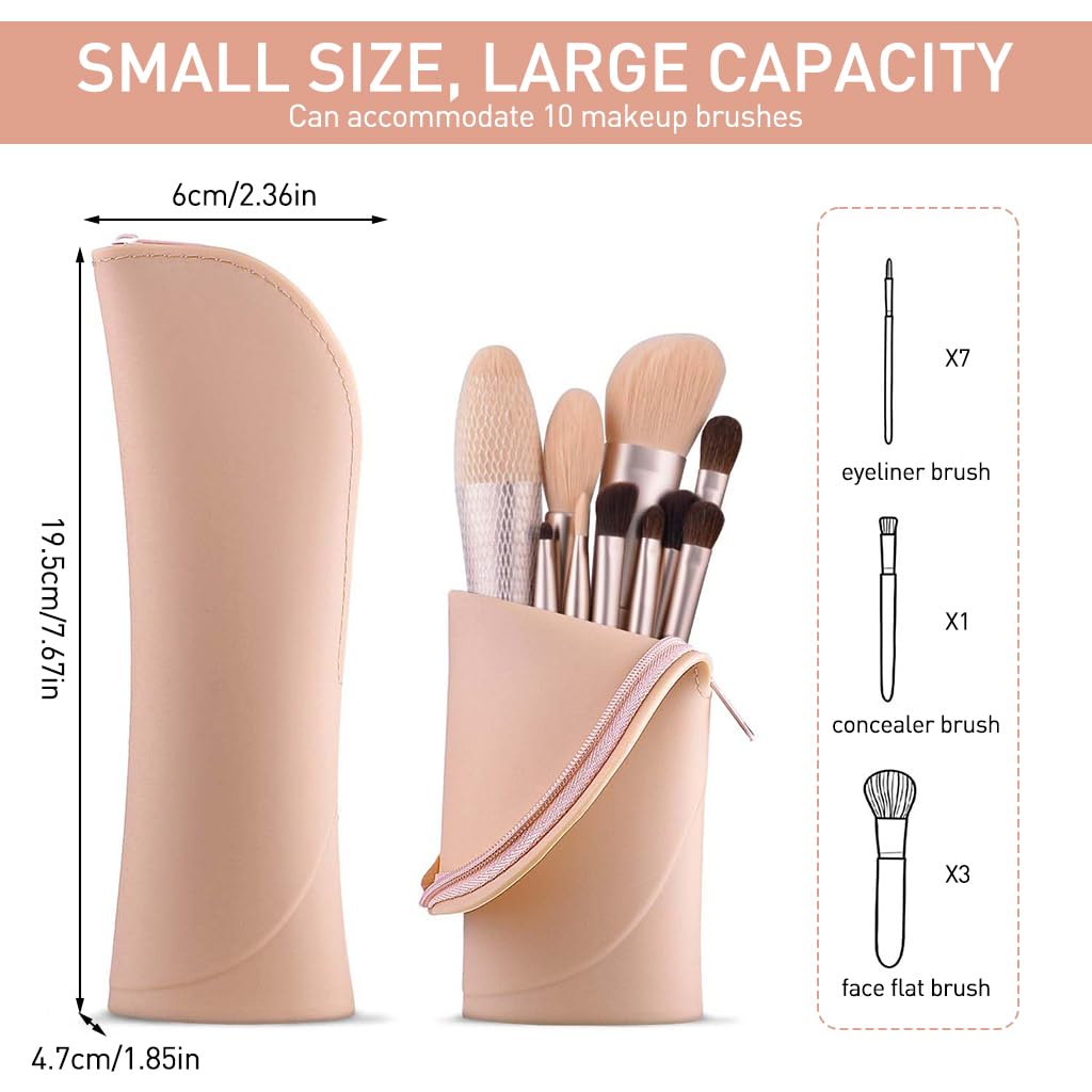 MAYCREATE Makeup Brush Holder Silicone Makeup Brush Organizer Travel Makeup Brush Zipper Pouch Stand-up Desk Make up Brush Case Small Cute Cosmetic Bag Mini Makeup Pouch, 6.3x20.3cm