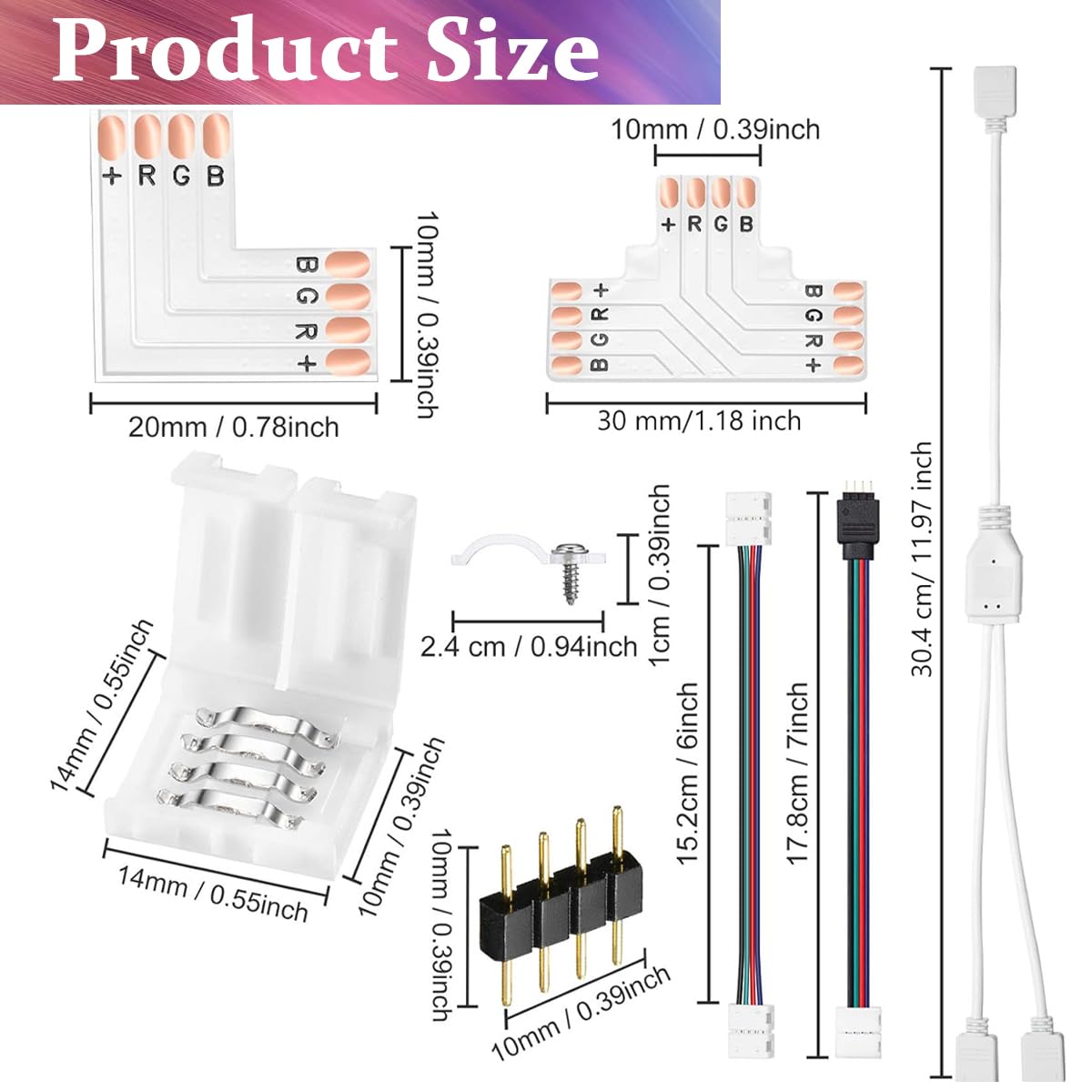 ZIBUYU 4 Pin RGB LED Strip Connector Kit for 5050 10mm Light Strip, Includes RGB Extension Cable, LED Strip Jumper, 2 Way Splitter Cable, 'L'&' T' Shape Connector, Gapless Connectors, LED Strip Clips