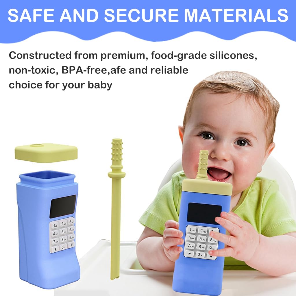 SNOWIE SOFT Silicone Baby Straw Cup Sippy Cup, Creative Cell Phone Baby Teether Silicone Sippy Cup for Baby Food-Grade BPA-Free Baby Sipper Bottle with Teether Straw, Baby Shower Gift, 150ml Blue