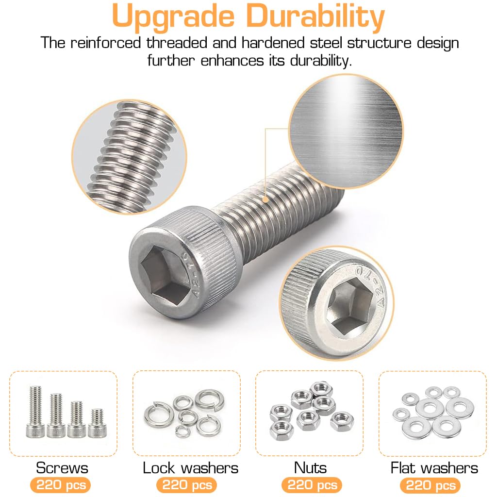 Serplex 890Pcs M6 M5 M4 M3 Metric Screw Assortment, Metric Bolts and Nuts Kit with Lock&Flat washers, Wrenches 304 Stainless Steel Hex Head Metric Screws Assortment Set