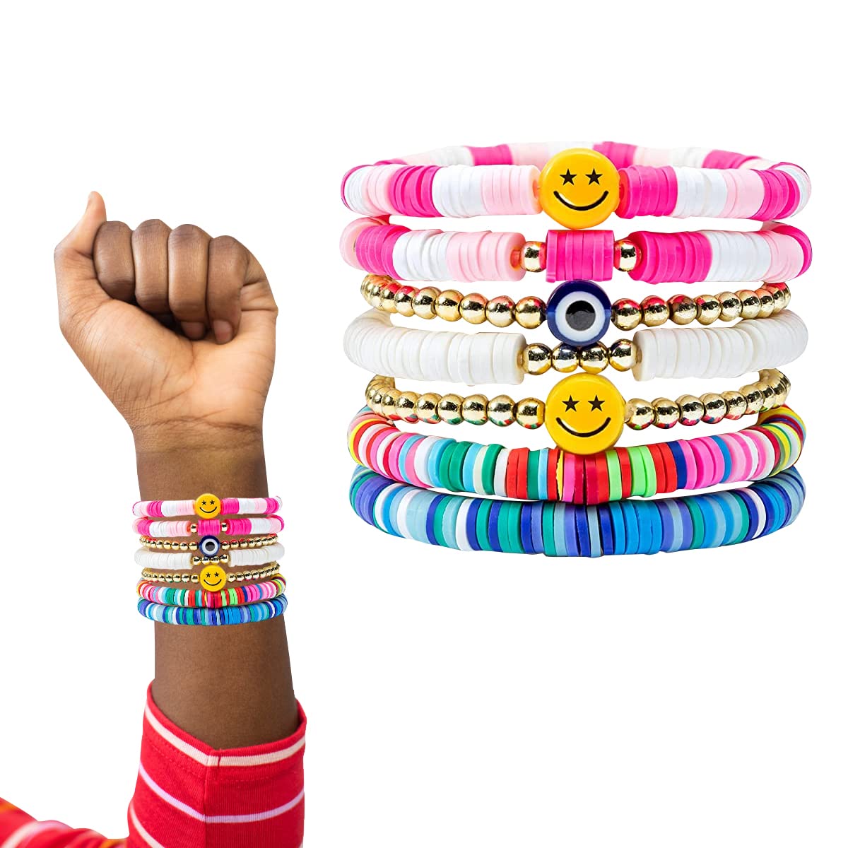 SANNIDHI® 7Pcs Beads Bracelet for Girls Colorful Happy Smile Boho Beaded Bracelets Set Y2K Summer Beach Clay Jewelry for Girls