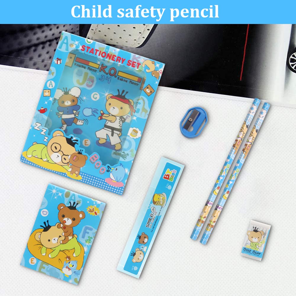 HASTHIP 6PCS Pencil Set for Girls, Pencil for Kids Girls, Stationary Set for Girls, Include 2 Pencils, 1 Pencil Sharpener, 1 Notebook, 1 Cartoon Ruler, 1 Eraser (Blue)