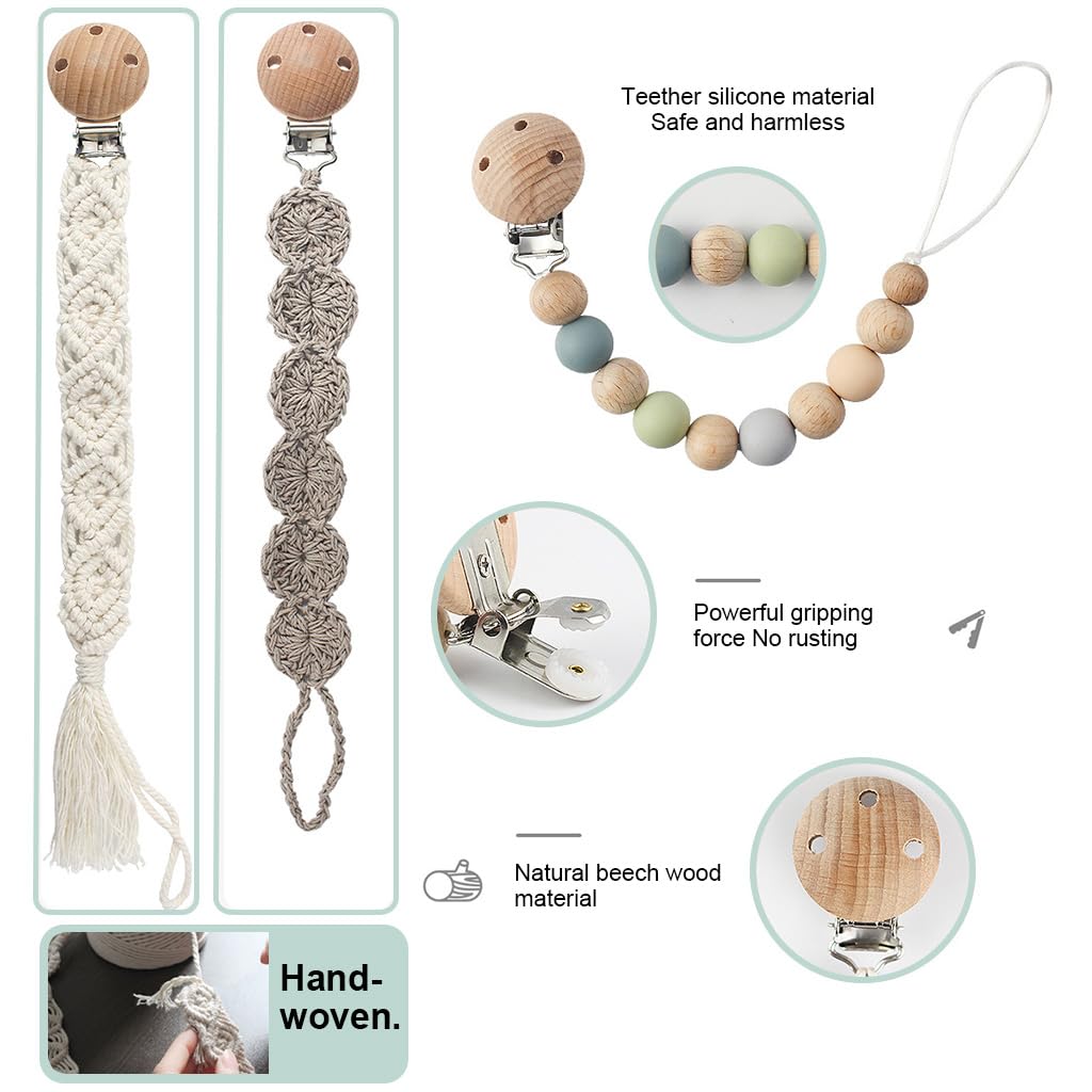 SNOWIE SOFT 2Pcs Pacifier Chain with Pacifier Clips and Storage Bag, Baby Teether Holder Belt Pacifier Clip for Baby Present, Teether Toy Pacifier Anti Lost Clip Teething Toy