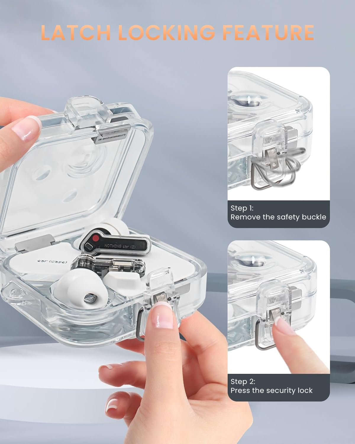ZORBES Protective Case for Nothing Ear 2, Shockproof PC Case for Nothing Ear 2 Charging Case, Safety Buckle Design, Fashion Transparent Protective Skin Cover with Lanyard and Keychain