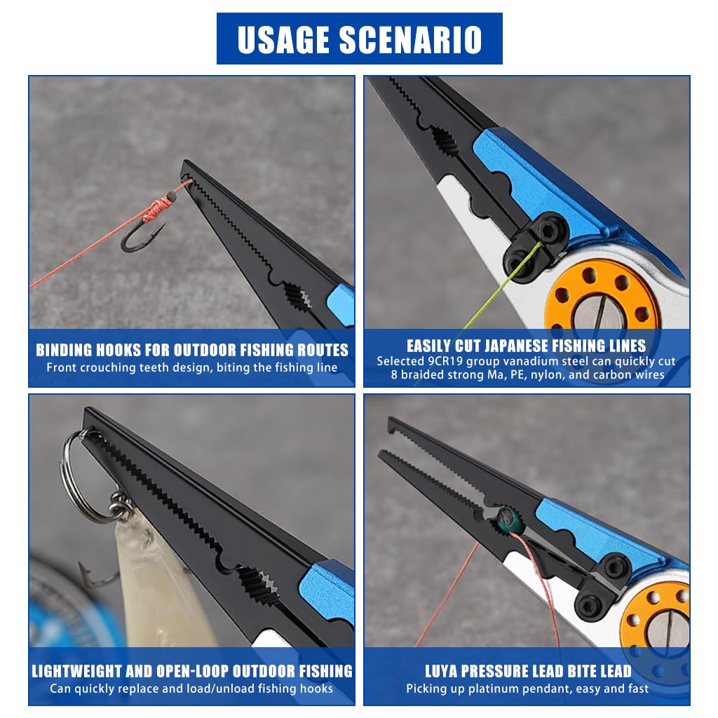 Proberos Aluminum Alloy Fishing Pliers Lure Fishing Pliers with Safety Lock, Coil Cable & Carabiner Portable Lure Fishing Pliers for Cutting Line, Removing Hooks, Crimping, Split Ring Tool