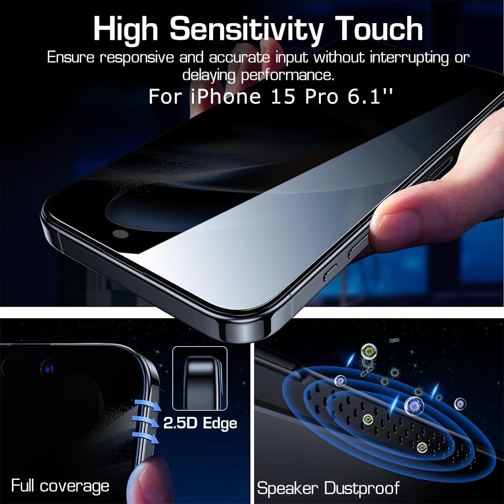 ZORBES Privacy Screen Protector Tempered Glass Screen Protector Matte for iPhone 15 Pro 6.1'' HD Anti-glare Screen Protector for iPhone 15 Pro 2Pcs