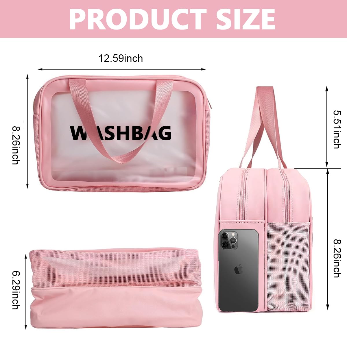 MAYCREATE Travel Toiletry Bag, Large Clear Makeup Bags, 2 in 1 Cosmetics Bag with Zipper Handle, Translucent Waterproof and Draining Travel Accessories Bag, Pink