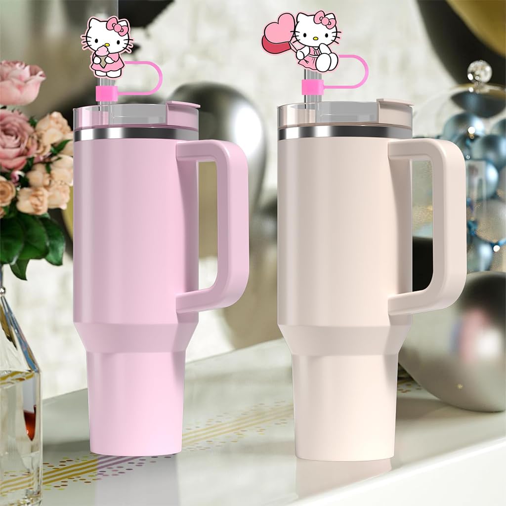 HASTHIP 6PCS Cartoon Straw Covers Cap for Tumblers Cup, 10mm Cartoon Pink Hello Kitty Straw Topper, Reusable Dust-Proof Drinking Straw Toppers for 10mm Straws