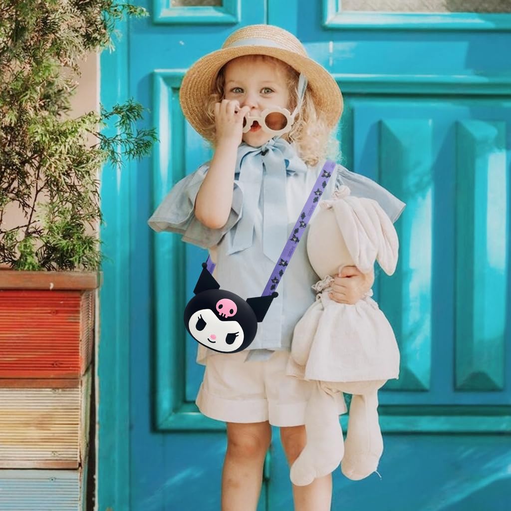 PALAY Mini Earphone Bag Coin Bag Cartoon Kuromi Mini Coin Bag Silicone Earbud Bag Carry Bag with Detachable Shoulder Strap Cute Mini Coin Bag Mini Purse for Kids, Girls, Gift for Girls