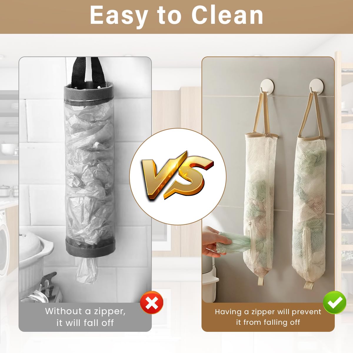 HASTHIP 2PCS Mesh Garbage Bag, Mesh Hanging Garbage Bag Dispensers, Reusable and Washable, Hanging Storage Bag Grocery Bags Holder for Kitchen and pantry