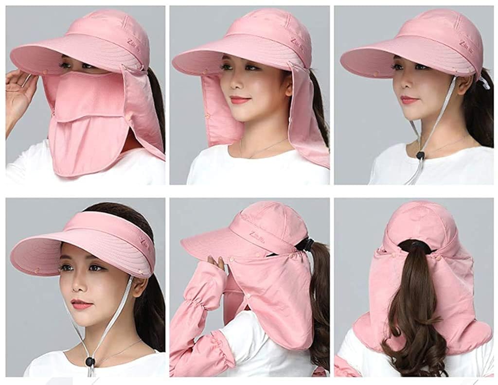 GUSTAVE® Women Sun Protection Bucket Hat UPF 50 Plus Wide Brim 5.5 Inch Beach with Removable Neck Flap Breathable Face Ponytail Opening Adjustable Fit Lightweight Quick Dry Detachable Crown 2 PCS