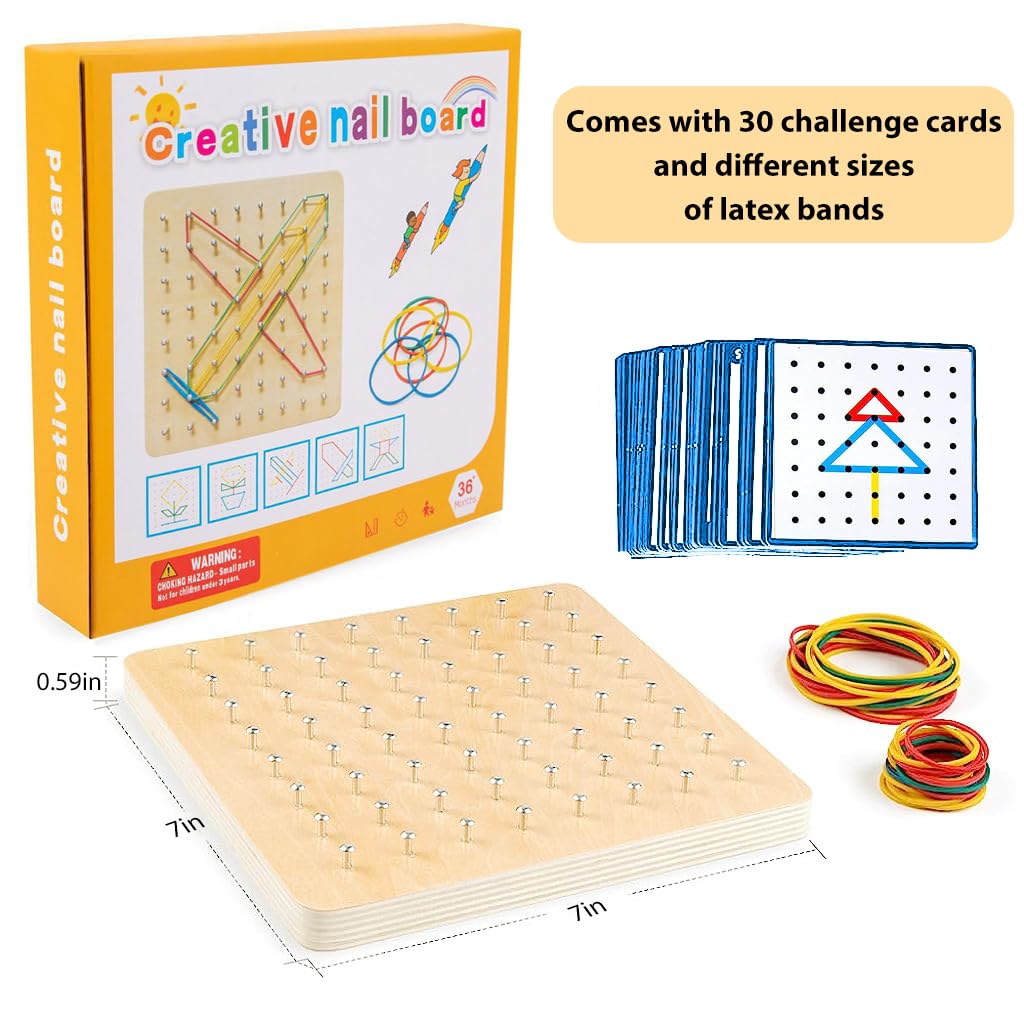 PATPAT Wooden Geoborad Wooden Toys for Kids Wooden Puzzles for Kids Montessori Toys, Portable Busy Board for Kids, Fine Motor Skill Toys for Kids, Wooden Game Board with Pattern Cards & Rubber Band