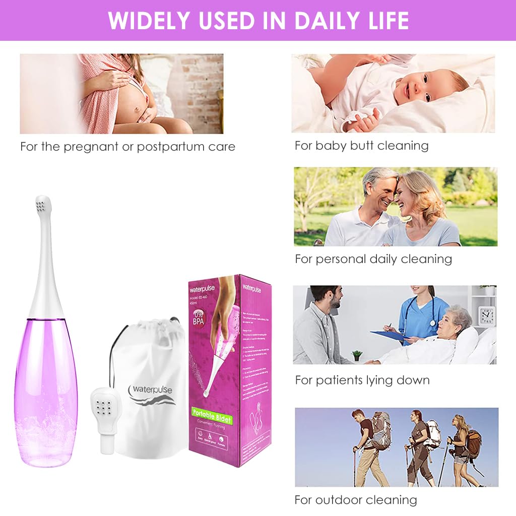 HANNEA Handheld Portable Bidet Sprayer with 2 Spraying Bit and Portable Storage Bag for Travel Bidet for Feminine Care,Postpartum Essentials,Hemmoroid Treatment (Purple 450ml)