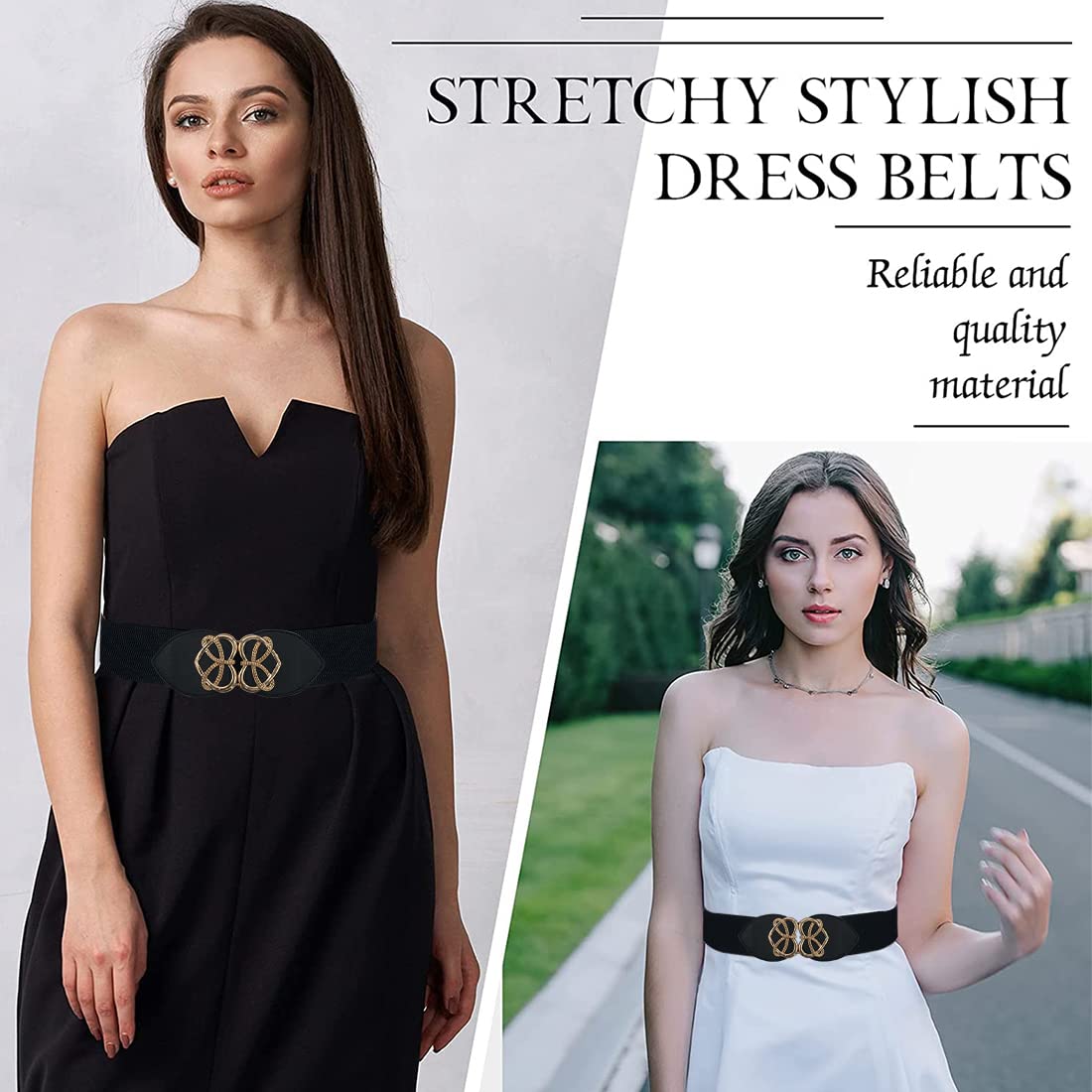 ZIBUYU Stylish Belts for Women Dresses Girls Waist Belts with Interlocking Buckle Floral Modern Belt for Women, Girls Jeans Belts Elastic Waist Belts for Women, Girls Dress Accessories - Black