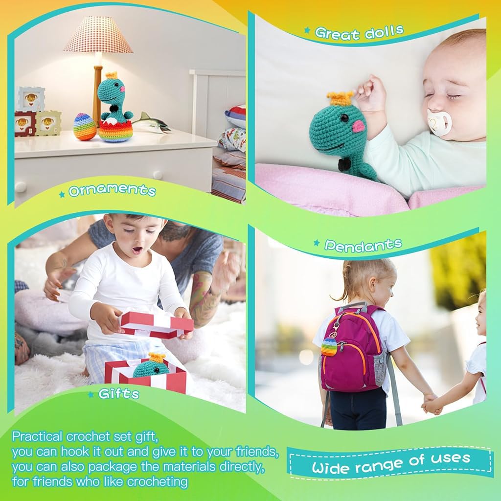 HASTHIP Crochet Stuffed Animal Kit Crochet Kit for Beginners Knitting Kit Full Set Crochet Starter Kit with Yarn, Polyester Fiber, Crochet Hooks, Tutorial Video, DIY Gift Friends (Rainbow Dinosaur)